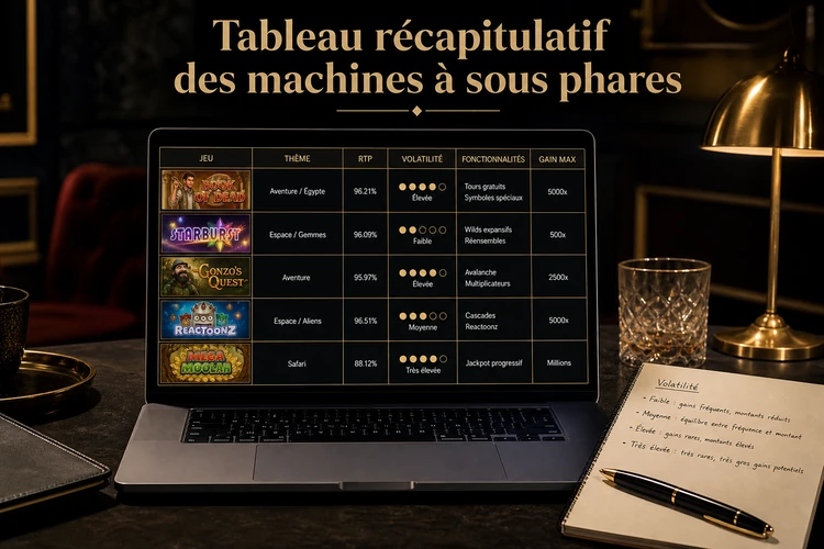 Tableau récapitulatif des machines à sous phares